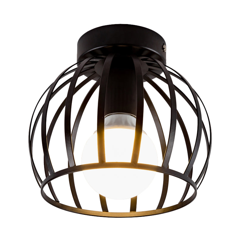 1 Light Corridor Flush Light Fixture Simple Black/Gold Finish Flush Mounted Lamp with Globe Cage Iron Shade Clearhalo 'Ceiling Lights' 'Close To Ceiling Lights' 'Close to ceiling' 'Semi-flushmount' Lighting' 702576