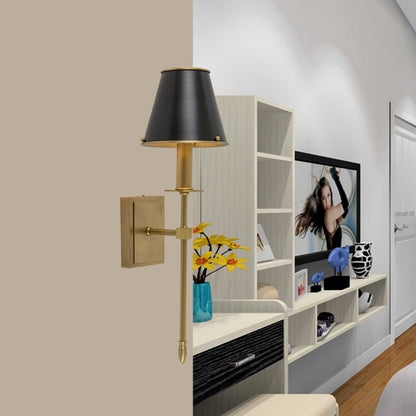 Post Modern Barrel Wall Lighting Metal 1 Light Corner Sconce in Black and Brass with Pencil Arm Brass Clearhalo 'Cast Iron' 'Glass' 'Industrial' 'Modern wall lights' 'Modern' 'Tiffany' 'Traditional wall lights' 'Wall Lamps & Sconces' 'Wall Lights' Lighting' 702629