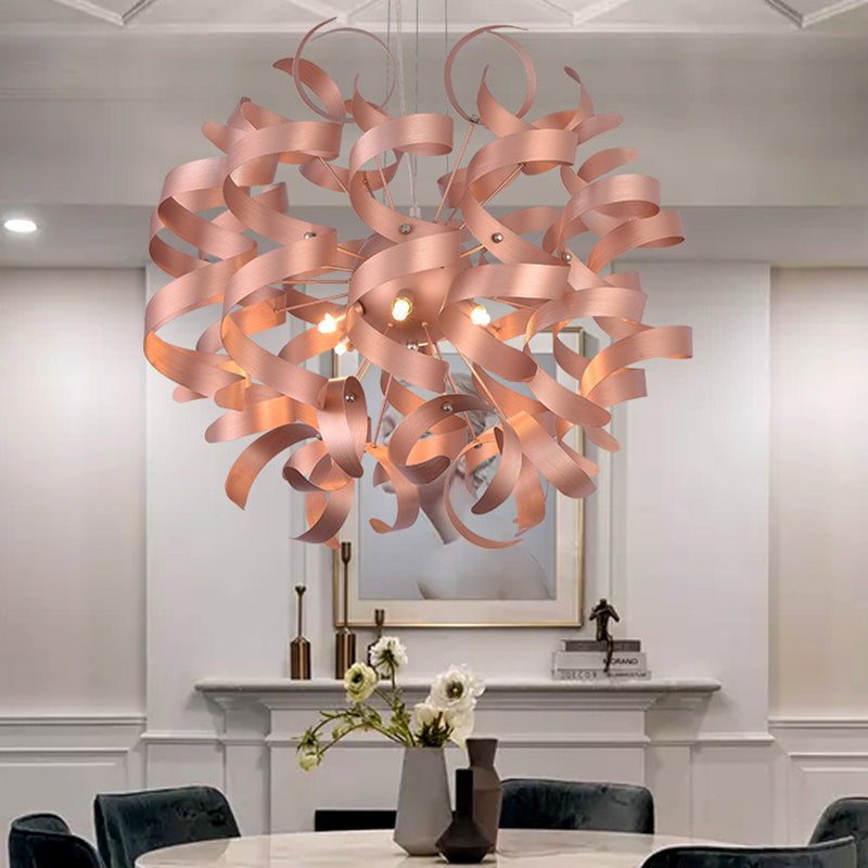 Metal Spiral Ribbon Shape Hanging Light Kit Contemporary 6-Bulb Copper Finish LED Chandelier Lighting for Restaurant Copper Clearhalo 'Ceiling Lights' 'Chandeliers' 'Modern Chandeliers' 'Modern' Lighting' 702806