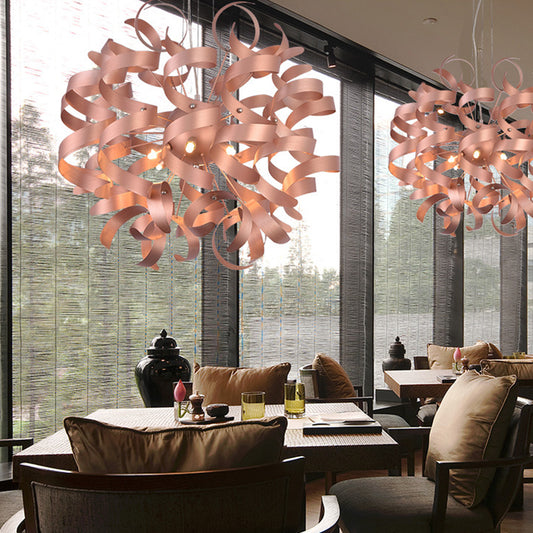 Metal Spiral Ribbon Shape Hanging Light Kit Contemporary 6-Bulb Copper Finish LED Chandelier Lighting for Restaurant Clearhalo 'Ceiling Lights' 'Chandeliers' 'Modern Chandeliers' 'Modern' Lighting' 702807