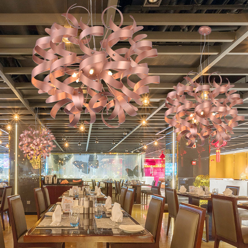 Metal Spiral Ribbon Shape Hanging Light Kit Contemporary 6-Bulb Copper Finish LED Chandelier Lighting for Restaurant Clearhalo 'Ceiling Lights' 'Chandeliers' 'Modern Chandeliers' 'Modern' Lighting' 702808