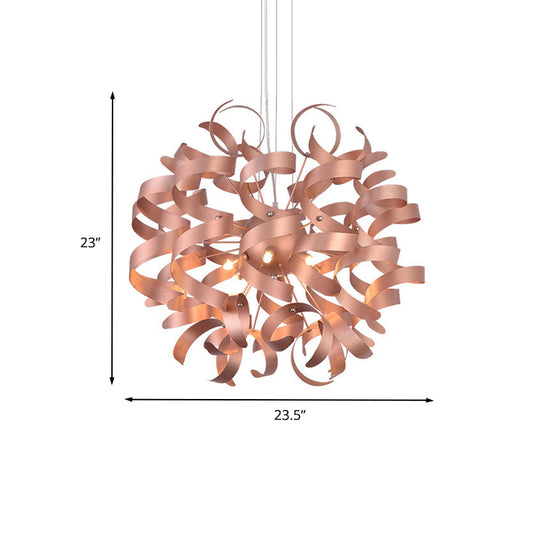 Metal Spiral Ribbon Shape Hanging Light Kit Contemporary 6-Bulb Copper Finish LED Chandelier Lighting for Restaurant Clearhalo 'Ceiling Lights' 'Chandeliers' 'Modern Chandeliers' 'Modern' Lighting' 702810