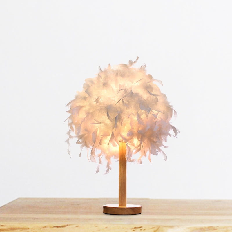 White Feather Night Table Light Modernist 1 Light Fabric Desk Lamp with Round Wood Base Clearhalo 'Lamps' 'Table Lamps' Lighting' 702962