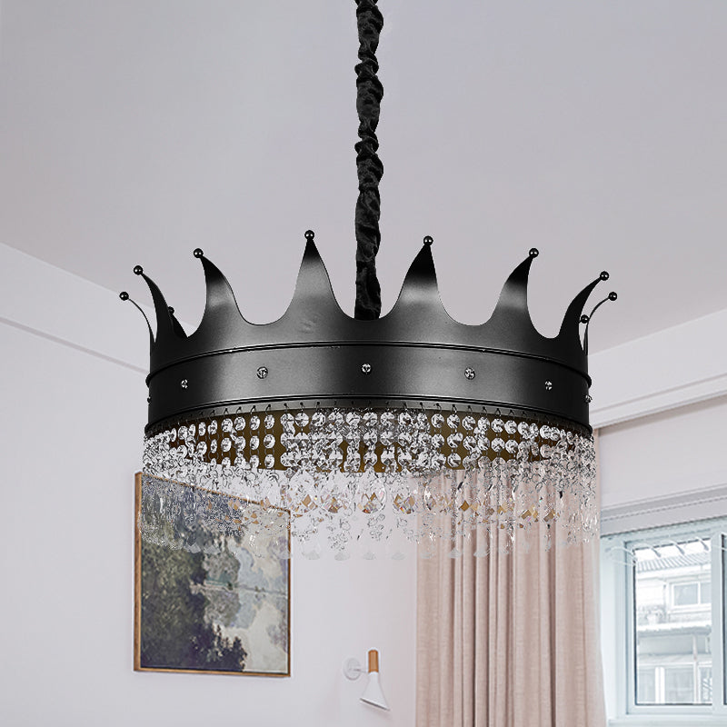 Kids 4/5/6-Light Pendant Chandelier Black Crown Shaped Crystal Ceiling Hang Fixture with Metal Shade Black Clearhalo 'Ceiling Lights' 'Chandeliers' Lighting' options 702980_4b918d16-2cf6-4f7c-8614-cb310d6f1d39