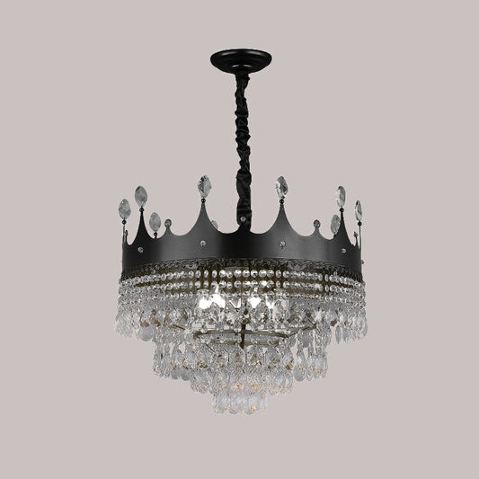 Metal Crown Chandelier Lighting Kids 4/5/6 Lights Black Hanging Lamp with Crystal Drop Decor over Dining Table Clearhalo 'Ceiling Lights' 'Chandeliers' Lighting' options 702990