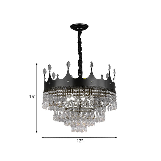 Metal Crown Chandelier Lighting Kids 4/5/6 Lights Black Hanging Lamp with Crystal Drop Decor over Dining Table Clearhalo 'Ceiling Lights' 'Chandeliers' Lighting' options 702991