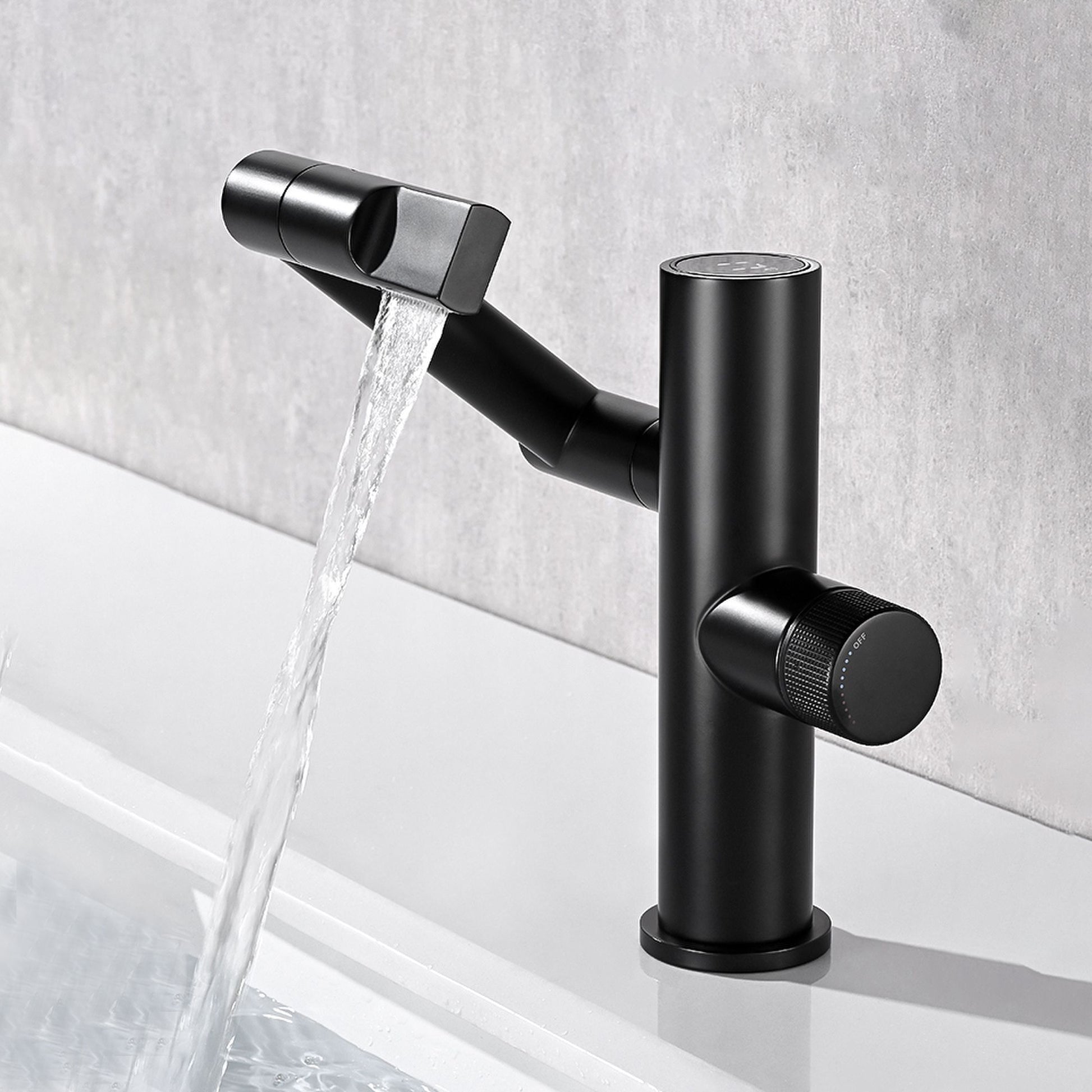 Waterfall Spout Basin Lavatory Faucet Modern Metal Lavatory Faucet Preto Clearhalo 'bathroom_sink_faucets' 'Conjuntos de Torneiras de Lavatório e Banheiro' 'home_improvement' 'home_improvement_bathroom_sink_faucets' 'Mobiliário Doméstico' 'Página inicial' 'Renovação e equipamento de casa de banho' 'Torneira para lavatório de banheiro' 7031371