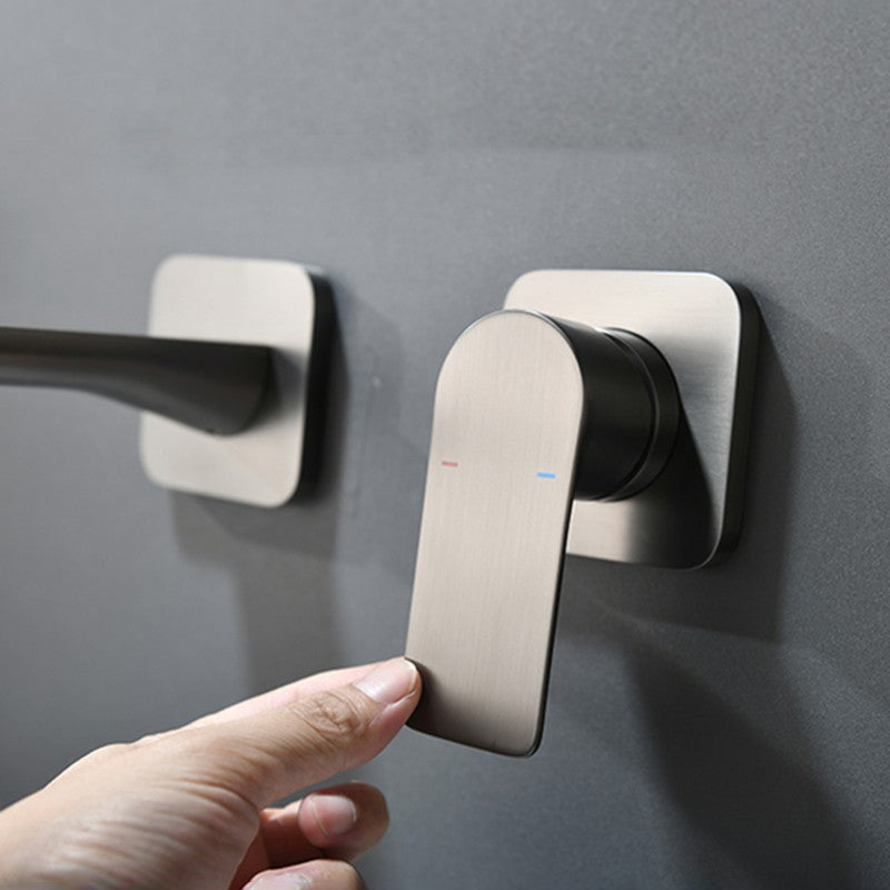 Metal Wall Mounted Bathroom Faucet Modern Widespread Sink Faucet Clearhalo 'Bathroom Remodel & Bathroom Fixtures' 'Bathroom Sink Faucets' 'Bathroom Sinks & Faucet Components' 'bathroom_sink_faucets' 'Home Improvement' 'home_improvement' 'home_improvement_bathroom_sink_faucets' 7031434