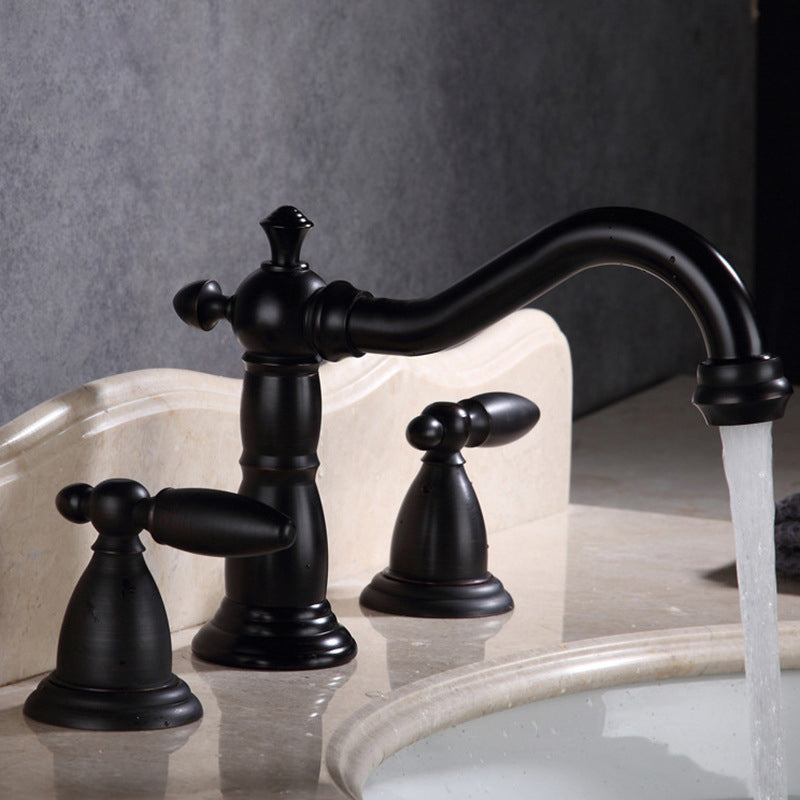 European Style Widespread Basin Faucet Brass 2 Handle Bathroom Vessel Faucet with Hoses Black Lever Handles Clearhalo 'Bathroom Remodel & Bathroom Fixtures' 'Bathroom Sink Faucets' 'Bathroom Sinks & Faucet Components' 'bathroom_sink_faucets' 'Home Improvement' 'home_improvement' 'home_improvement_bathroom_sink_faucets' 7031482