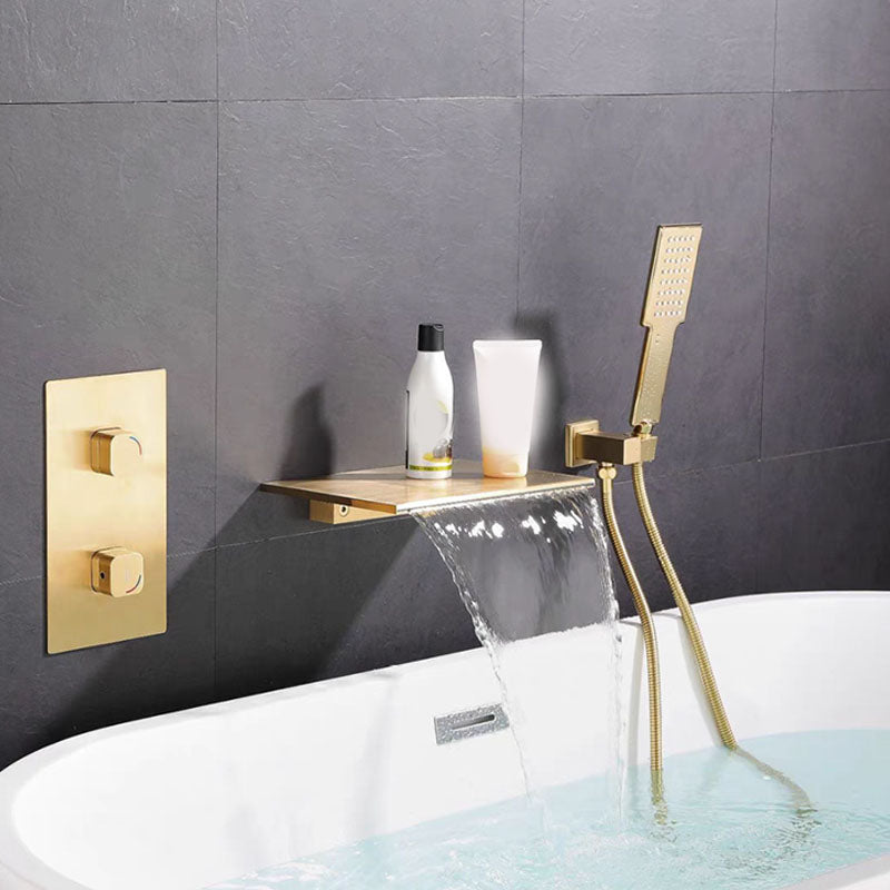 Wall Mounted Metal Freestanding Tub Filler Waterfall Freestanding Faucet Gold Hand Shower Included Clearhalo 'Bathroom Remodel & Bathroom Fixtures' 'Bathtub Faucets' 'bathtub_faucets' 'Home Improvement' 'home_improvement' 'home_improvement_bathtub_faucets' 7031711