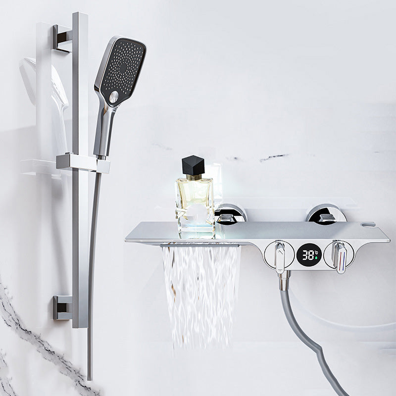 Wall Mounted Shower Combo Temperature Control Shower System with Thermostatic Silver Slide Bar Included Clearhalo 'Bathroom Remodel & Bathroom Fixtures' 'Home Improvement' 'home_improvement' 'home_improvement_shower_faucets' 'Shower Faucets & Systems' 'shower_faucets' 'Showers & Bathtubs Plumbing' 'Showers & Bathtubs' 7031838