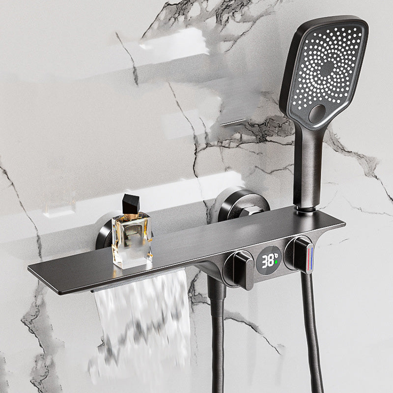 Wall Mounted Shower Combo Temperature Control Shower System with Thermostatic Grey Slide Bar Not Included Clearhalo 'Bathroom Remodel & Bathroom Fixtures' 'Home Improvement' 'home_improvement' 'home_improvement_shower_faucets' 'Shower Faucets & Systems' 'shower_faucets' 'Showers & Bathtubs Plumbing' 'Showers & Bathtubs' 7031839