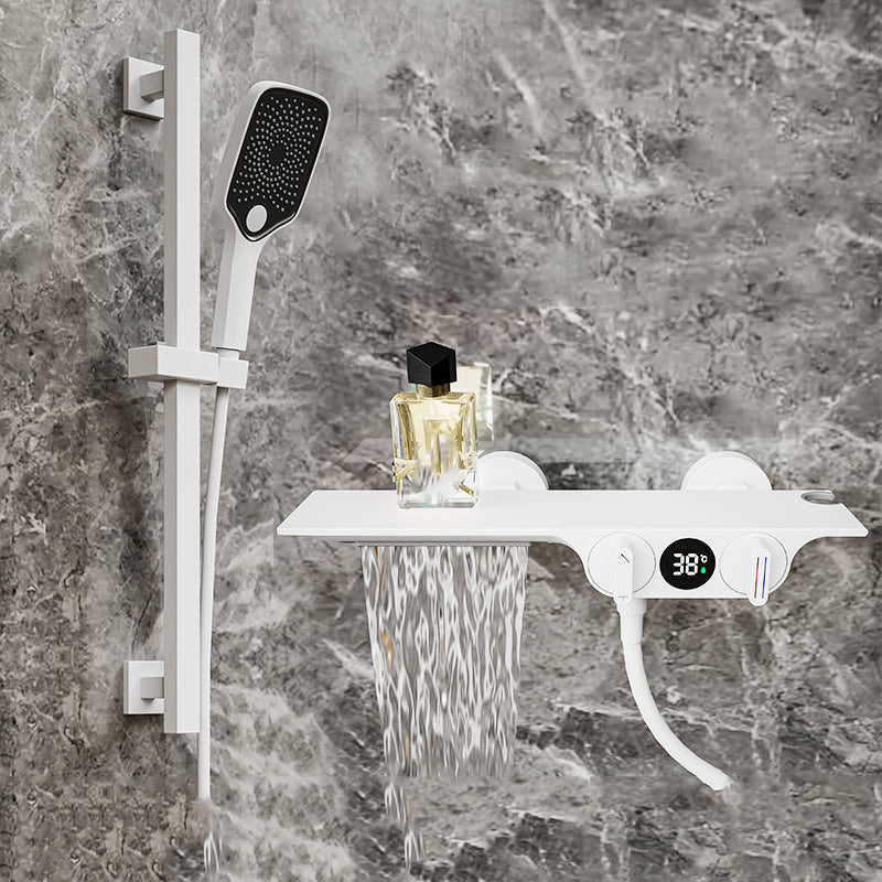 Wall Mounted Shower Combo Temperature Control Shower System with Thermostatic White Slide Bar Included Clearhalo 'Bathroom Remodel & Bathroom Fixtures' 'Home Improvement' 'home_improvement' 'home_improvement_shower_faucets' 'Shower Faucets & Systems' 'shower_faucets' 'Showers & Bathtubs Plumbing' 'Showers & Bathtubs' 7031841