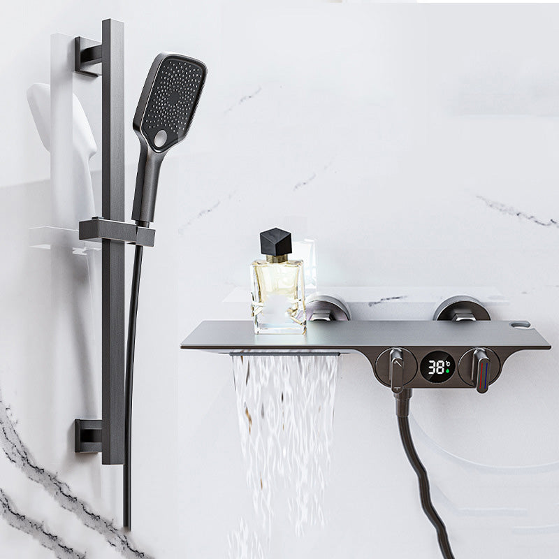 Wall Mounted Shower Combo Temperature Control Shower System with Thermostatic Grey Slide Bar Included Clearhalo 'Bathroom Remodel & Bathroom Fixtures' 'Home Improvement' 'home_improvement' 'home_improvement_shower_faucets' 'Shower Faucets & Systems' 'shower_faucets' 'Showers & Bathtubs Plumbing' 'Showers & Bathtubs' 7031845