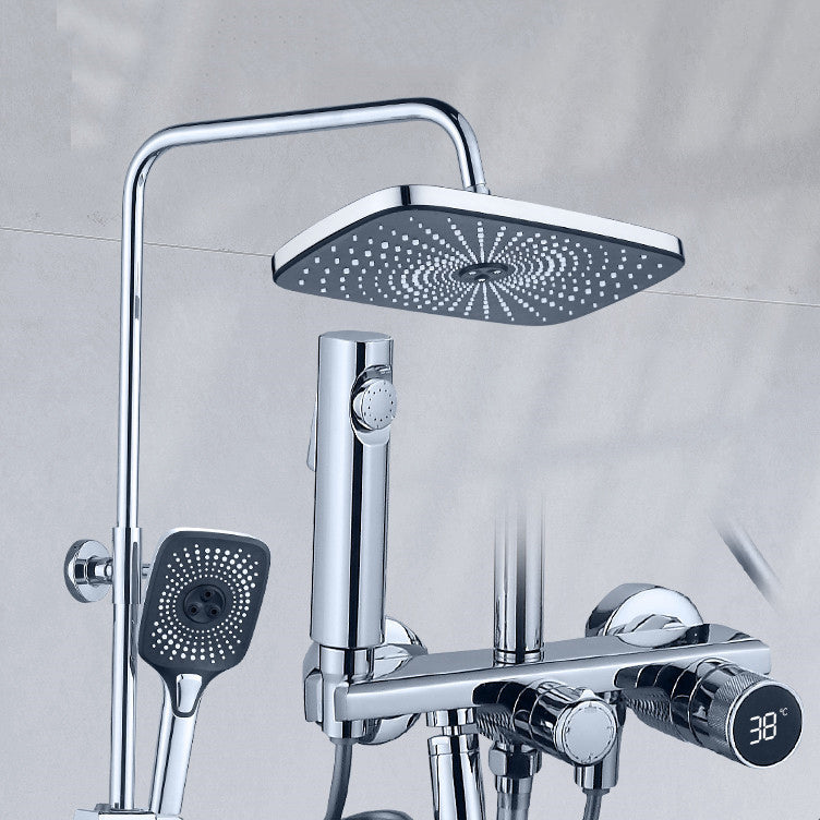 Temperature Control Shower System Valve Included Brass Wall Mounted Shower Combo Silver Square Digital Display Included Clearhalo 'Bathroom Remodel & Bathroom Fixtures' 'Home Improvement' 'home_improvement' 'home_improvement_shower_faucets' 'Shower Faucets & Systems' 'shower_faucets' 'Showers & Bathtubs Plumbing' 'Showers & Bathtubs' 7031866