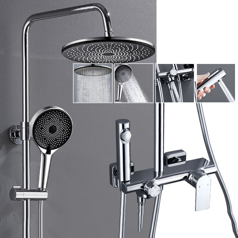 Temperature Control Shower System Valve Included Brass Wall Mounted Shower Combo Silver Round Digital Display Not Included Clearhalo 'Bathroom Remodel & Bathroom Fixtures' 'Home Improvement' 'home_improvement' 'home_improvement_shower_faucets' 'Shower Faucets & Systems' 'shower_faucets' 'Showers & Bathtubs Plumbing' 'Showers & Bathtubs' 7031869