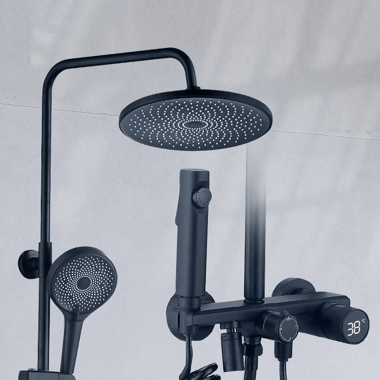 Temperature Control Shower System Valve Included Brass Wall Mounted Shower Combo Black Round Digital Display Included Clearhalo 'Bathroom Remodel & Bathroom Fixtures' 'Home Improvement' 'home_improvement' 'home_improvement_shower_faucets' 'Shower Faucets & Systems' 'shower_faucets' 'Showers & Bathtubs Plumbing' 'Showers & Bathtubs' 7031873