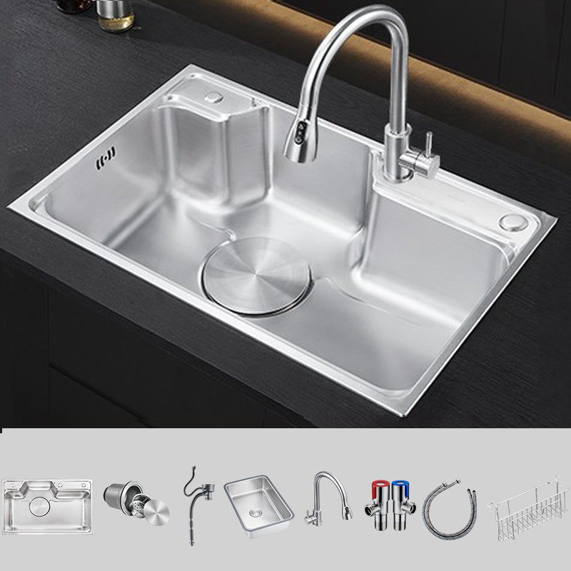 Modern Stainless Steel Sink Overflow Hole Kitchen Sink with Drain Strainer Kit Sink with Faucet Blade Faucet Clearhalo 'Home Improvement' 'home_improvement' 'home_improvement_kitchen_sinks' 'Kitchen Remodel & Kitchen Fixtures' 'Kitchen Sinks & Faucet Components' 'Kitchen Sinks' 'kitchen_sinks' 7031938