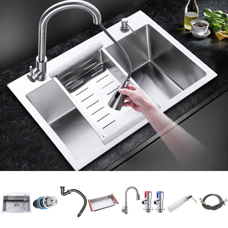 Classic Single Basin Sink Stainless Steel Kitchen Sink with Faucet and Soap Dispenser Sink with Faucet Pull Out Faucet Clearhalo 'Home Improvement' 'home_improvement' 'home_improvement_kitchen_sinks' 'Kitchen Remodel & Kitchen Fixtures' 'Kitchen Sinks & Faucet Components' 'Kitchen Sinks' 'kitchen_sinks' 7032031