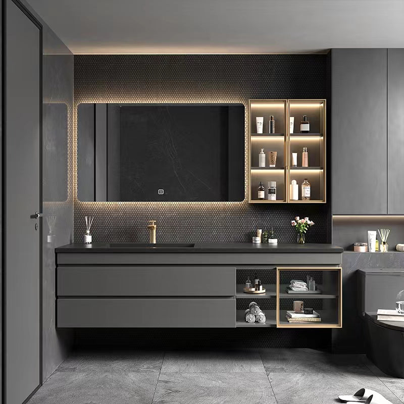 Wall-Mounted Vanity Grey Wood Frame Mirror Rectangle Single Sink Bath Vanity with Drawers Clearhalo 'Bathroom Remodel & Bathroom Fixtures' 'Bathroom Vanities' 'bathroom_vanities' 'Home Improvement' 'home_improvement' 'home_improvement_bathroom_vanities' 7032046