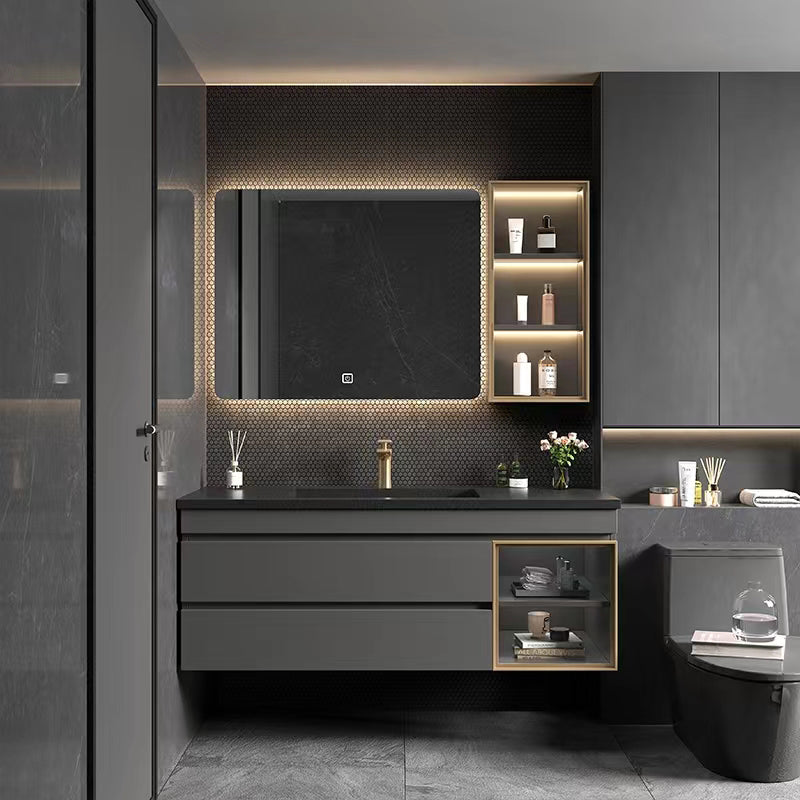 Wall-Mounted Vanity Grey Wood Frame Mirror Rectangle Single Sink Bath Vanity with Drawers Clearhalo 'Bathroom Remodel & Bathroom Fixtures' 'Bathroom Vanities' 'bathroom_vanities' 'Home Improvement' 'home_improvement' 'home_improvement_bathroom_vanities' 7032049