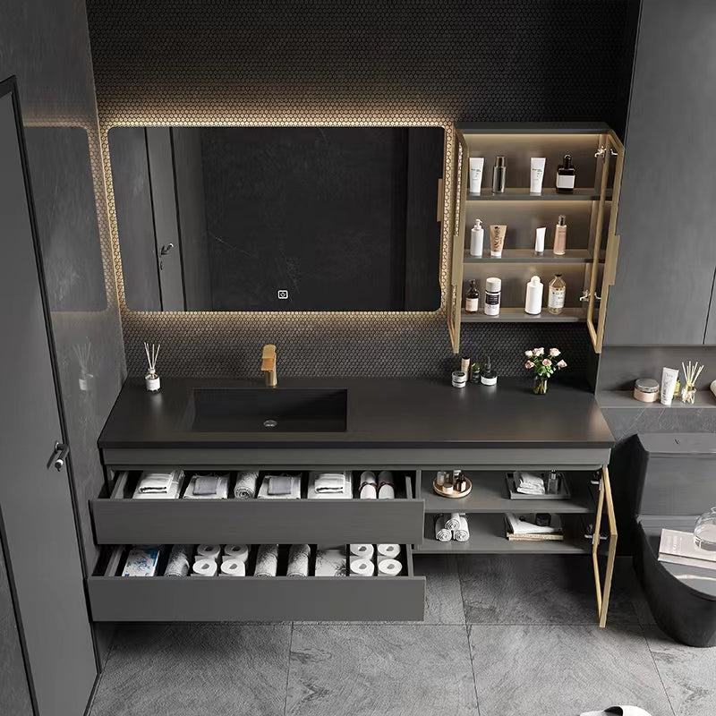 Wall-Mounted Vanity Grey Wood Frame Mirror Rectangle Single Sink Bath Vanity with Drawers Clearhalo 'Bathroom Remodel & Bathroom Fixtures' 'Bathroom Vanities' 'bathroom_vanities' 'Home Improvement' 'home_improvement' 'home_improvement_bathroom_vanities' 7032050