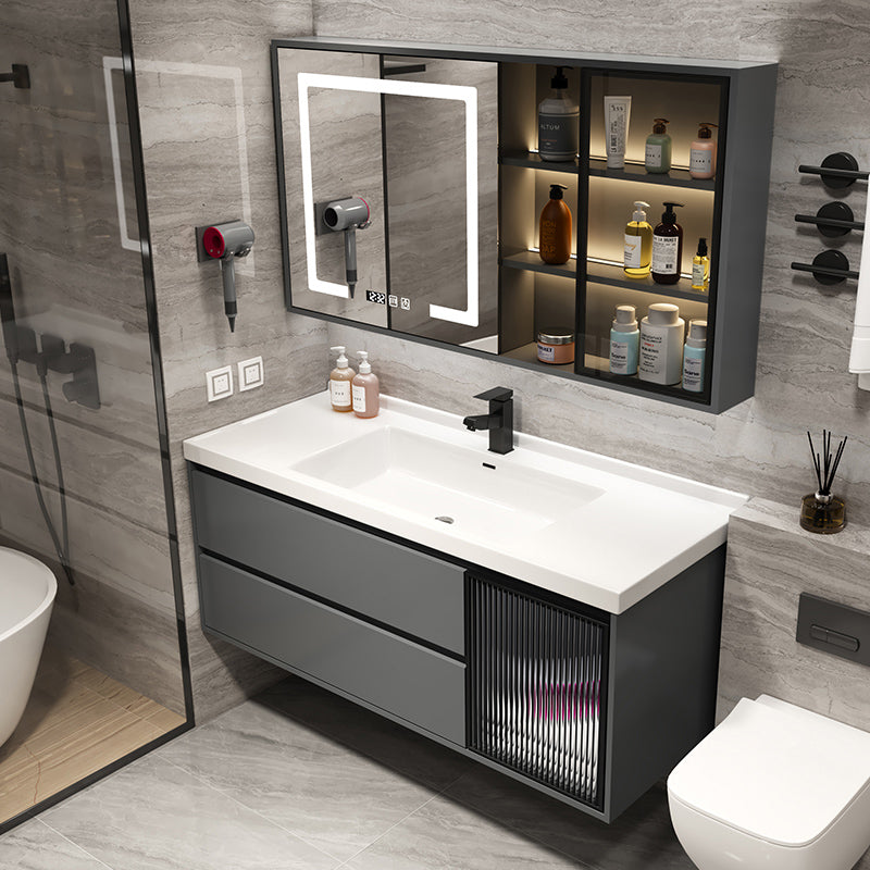 Grey Bath Vanity Wood Frame Mirror Single Sink Wall-Mounted Bath Vanity with 2 Drawers Clearhalo 'Bathroom Remodel & Bathroom Fixtures' 'Bathroom Vanities' 'bathroom_vanities' 'Home Improvement' 'home_improvement' 'home_improvement_bathroom_vanities' 7032110