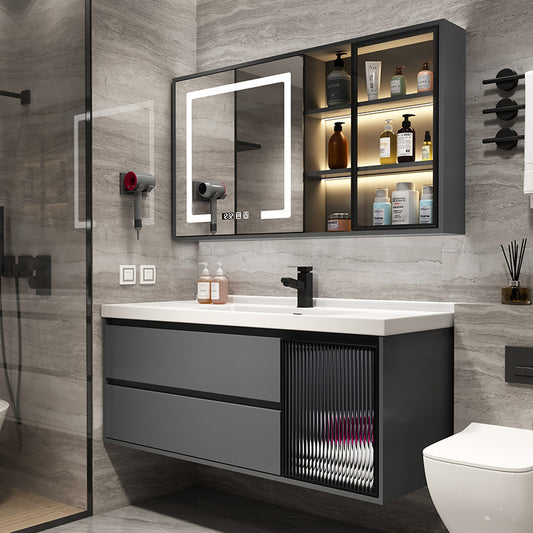 Grey Bath Vanity Wood Frame Mirror Single Sink Wall-Mounted Bath Vanity with 2 Drawers Clearhalo 'Bathroom Remodel & Bathroom Fixtures' 'Bathroom Vanities' 'bathroom_vanities' 'Home Improvement' 'home_improvement' 'home_improvement_bathroom_vanities' 7032113