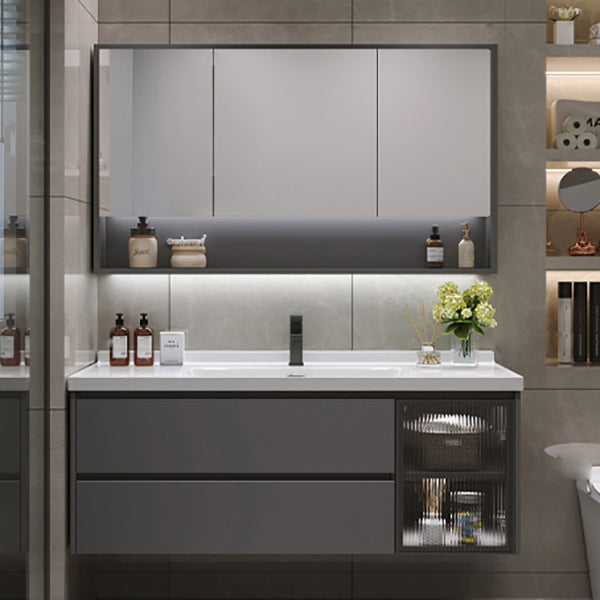 Grey Bath Vanity Wood Frame Mirror Single Sink Wall-Mounted Bath Vanity with 2 Drawers Vanity & Faucet & Mirror Cabinet Clearhalo 'Bathroom Remodel & Bathroom Fixtures' 'Bathroom Vanities' 'bathroom_vanities' 'Home Improvement' 'home_improvement' 'home_improvement_bathroom_vanities' 7032114