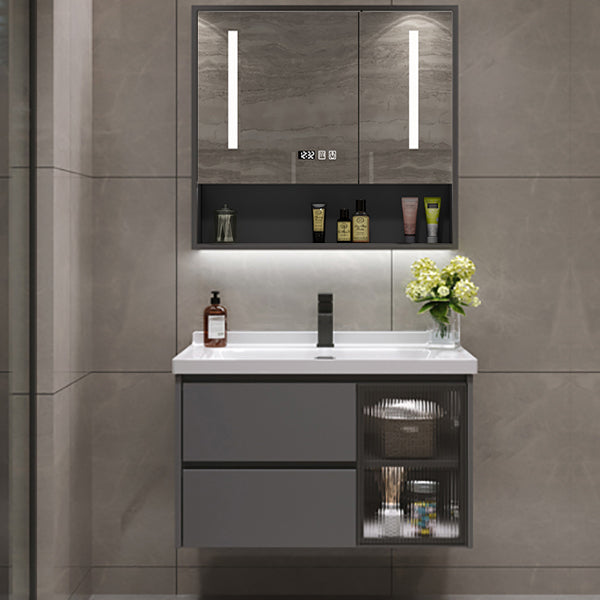 Grey Bath Vanity Wood Frame Mirror Single Sink Wall-Mounted Bath Vanity with 2 Drawers Vanity & Faucet & Smart Medicine Cabinet Clearhalo 'Bathroom Remodel & Bathroom Fixtures' 'Bathroom Vanities' 'bathroom_vanities' 'Home Improvement' 'home_improvement' 'home_improvement_bathroom_vanities' 7032116