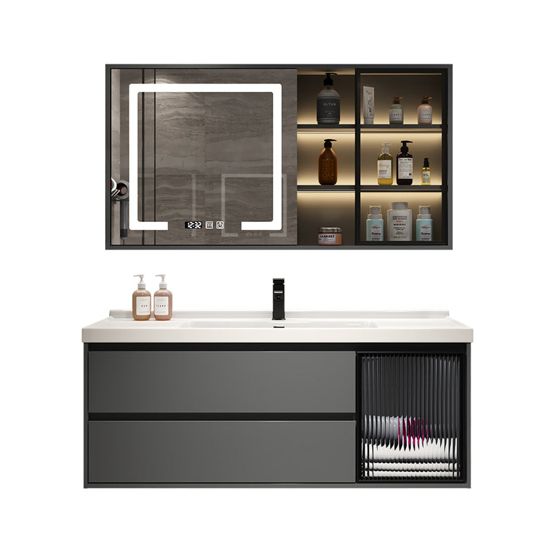 Grey Bath Vanity Wood Frame Mirror Single Sink Wall-Mounted Bath Vanity with 2 Drawers Clearhalo 'Bathroom Remodel & Bathroom Fixtures' 'Bathroom Vanities' 'bathroom_vanities' 'Home Improvement' 'home_improvement' 'home_improvement_bathroom_vanities' 7032119