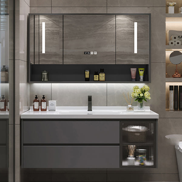 Grey Bath Vanity Wood Frame Mirror Single Sink Wall-Mounted Bath Vanity with 2 Drawers Vanity & Faucet & Smart Medicine Cabinet Clearhalo 'Bathroom Remodel & Bathroom Fixtures' 'Bathroom Vanities' 'bathroom_vanities' 'Home Improvement' 'home_improvement' 'home_improvement_bathroom_vanities' 7032120