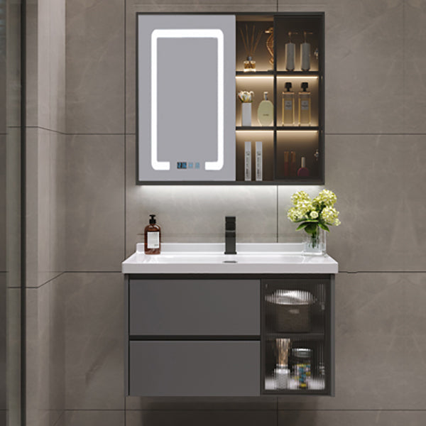 Grey Bath Vanity Wood Frame Mirror Single Sink Wall-Mounted Bath Vanity with 2 Drawers Vanity & Faucet & Human Body Sensor Smart Mirror Cabinet Clearhalo 'Bathroom Remodel & Bathroom Fixtures' 'Bathroom Vanities' 'bathroom_vanities' 'Home Improvement' 'home_improvement' 'home_improvement_bathroom_vanities' 7032122