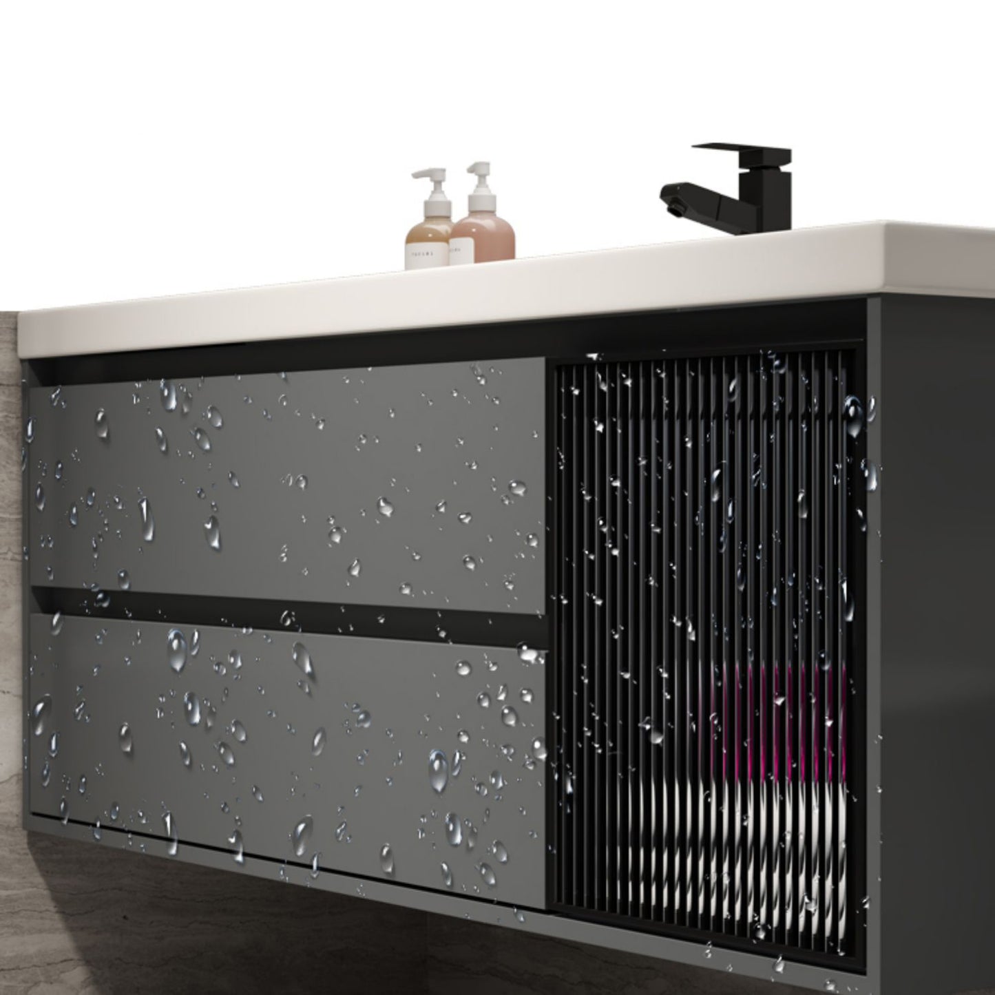 Grey Bath Vanity Wood Frame Mirror Single Sink Wall-Mounted Bath Vanity with 2 Drawers Clearhalo 'Bathroom Remodel & Bathroom Fixtures' 'Bathroom Vanities' 'bathroom_vanities' 'Home Improvement' 'home_improvement' 'home_improvement_bathroom_vanities' 7032123