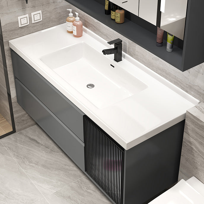 Grey Bath Vanity Wood Frame Mirror Single Sink Wall-Mounted Bath Vanity with 2 Drawers Clearhalo 'Bathroom Remodel & Bathroom Fixtures' 'Bathroom Vanities' 'bathroom_vanities' 'Home Improvement' 'home_improvement' 'home_improvement_bathroom_vanities' 7032124