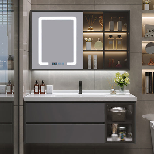 Grey Bath Vanity Wood Frame Mirror Single Sink Wall-Mounted Bath Vanity with 2 Drawers Vanity & Faucet & Human Body Sensor Smart Mirror Cabinet Clearhalo 'Bathroom Remodel & Bathroom Fixtures' 'Bathroom Vanities' 'bathroom_vanities' 'Home Improvement' 'home_improvement' 'home_improvement_bathroom_vanities' 7032125