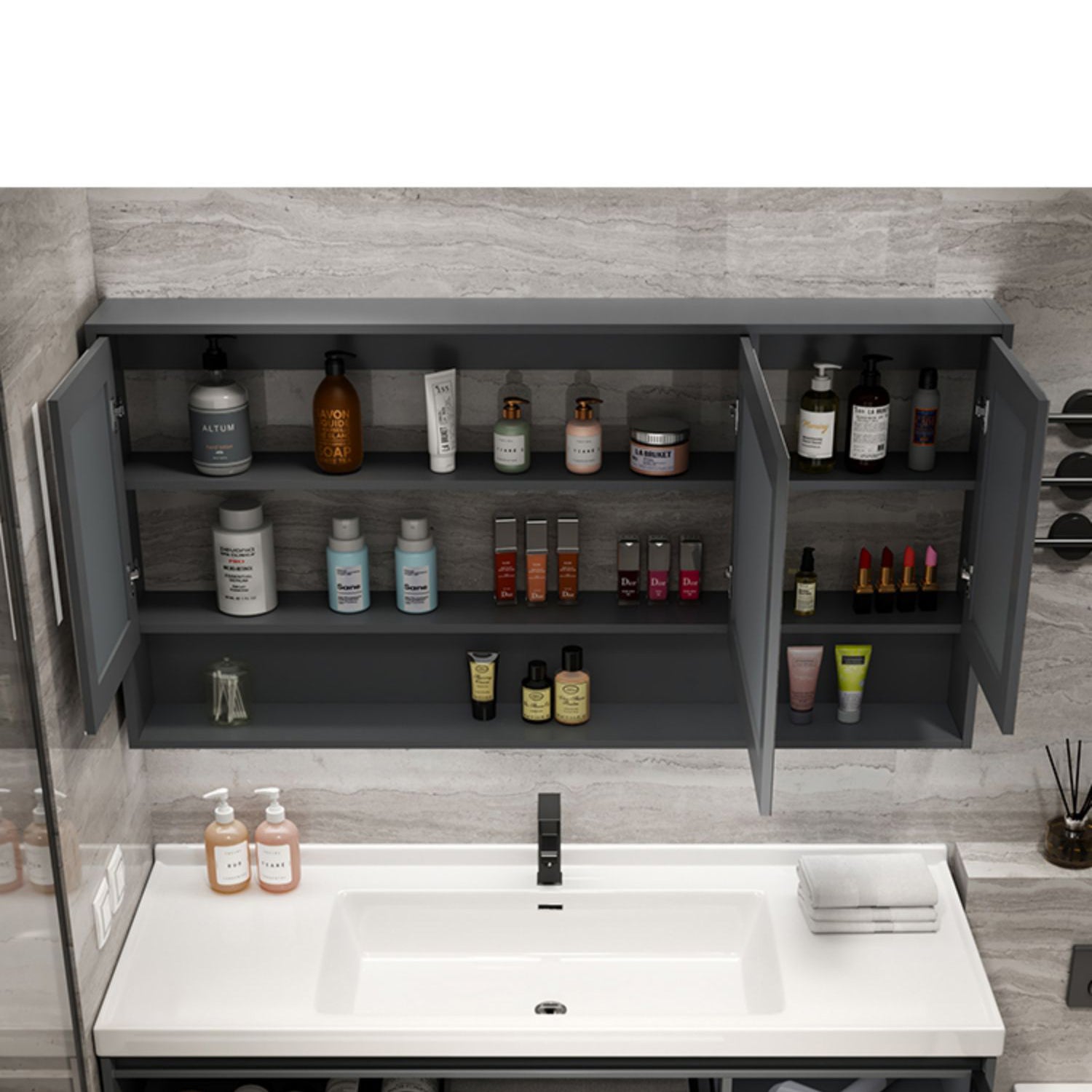 Grey Bath Vanity Wood Frame Mirror Single Sink Wall-Mounted Bath Vanity with 2 Drawers Clearhalo 'Bathroom Remodel & Bathroom Fixtures' 'Bathroom Vanities' 'bathroom_vanities' 'Home Improvement' 'home_improvement' 'home_improvement_bathroom_vanities' 7032128