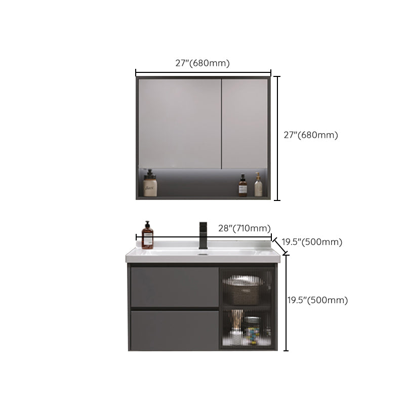 Grey Bath Vanity Wood Frame Mirror Single Sink Wall-Mounted Bath Vanity with 2 Drawers Clearhalo 'Bathroom Remodel & Bathroom Fixtures' 'Bathroom Vanities' 'bathroom_vanities' 'Home Improvement' 'home_improvement' 'home_improvement_bathroom_vanities' 7032129