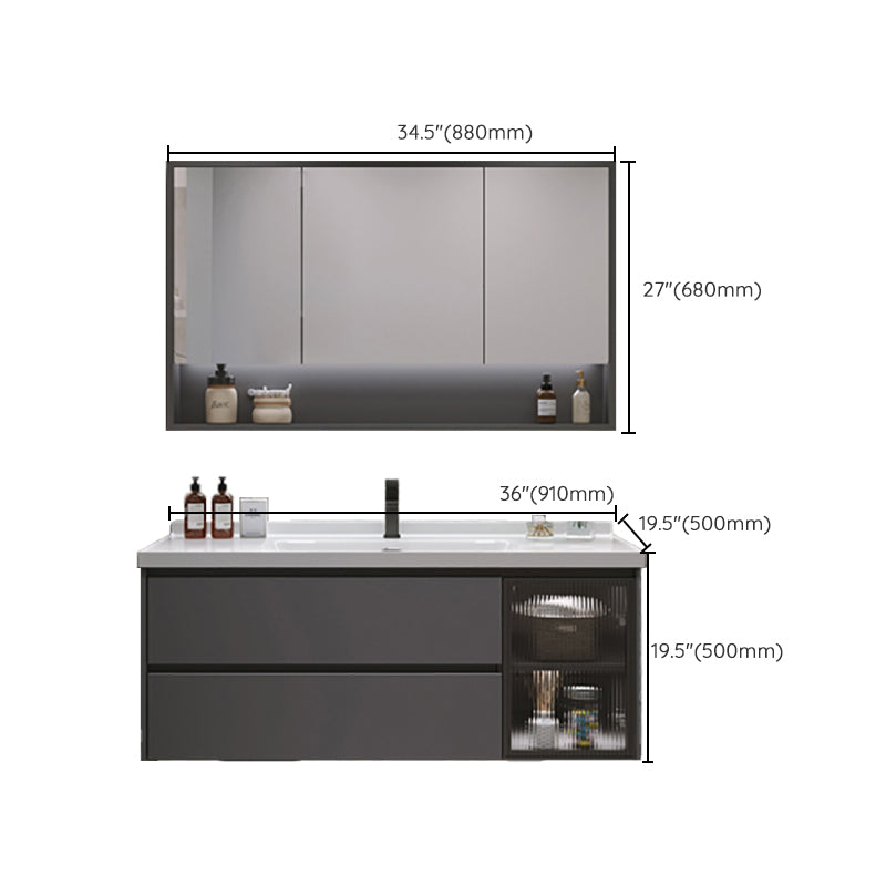 Grey Bath Vanity Wood Frame Mirror Single Sink Wall-Mounted Bath Vanity with 2 Drawers Clearhalo 'Bathroom Remodel & Bathroom Fixtures' 'Bathroom Vanities' 'bathroom_vanities' 'Home Improvement' 'home_improvement' 'home_improvement_bathroom_vanities' 7032131