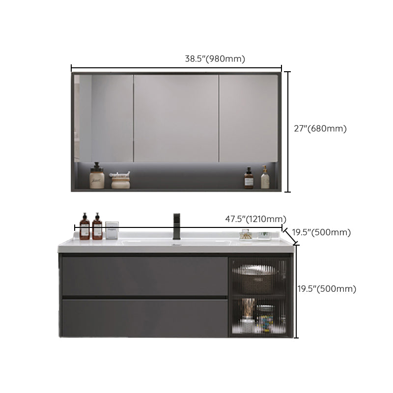 Grey Bath Vanity Wood Frame Mirror Single Sink Wall-Mounted Bath Vanity with 2 Drawers Clearhalo 'Bathroom Remodel & Bathroom Fixtures' 'Bathroom Vanities' 'bathroom_vanities' 'Home Improvement' 'home_improvement' 'home_improvement_bathroom_vanities' 7032133