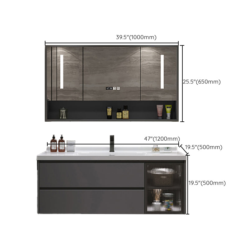 Grey Bath Vanity Wood Frame Mirror Single Sink Wall-Mounted Bath Vanity with 2 Drawers Clearhalo 'Bathroom Remodel & Bathroom Fixtures' 'Bathroom Vanities' 'bathroom_vanities' 'Home Improvement' 'home_improvement' 'home_improvement_bathroom_vanities' 7032139