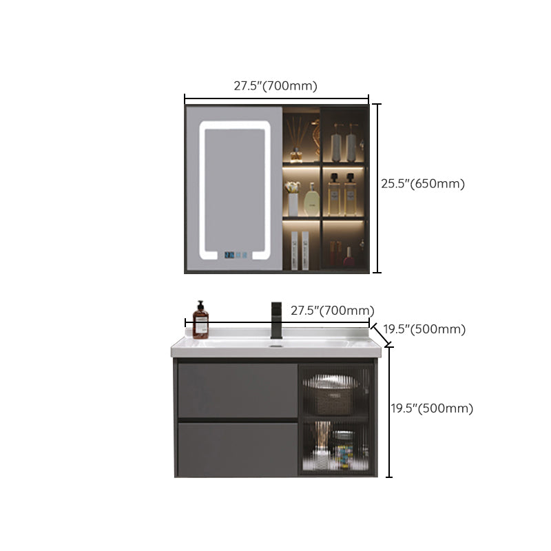 Grey Bath Vanity Wood Frame Mirror Single Sink Wall-Mounted Bath Vanity with 2 Drawers Clearhalo 'Bathroom Remodel & Bathroom Fixtures' 'Bathroom Vanities' 'bathroom_vanities' 'Home Improvement' 'home_improvement' 'home_improvement_bathroom_vanities' 7032140