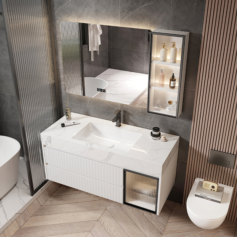 Mirror Bathroom Vanity Wall Mount Single Sink 2 Drawers Wood Frame Rectangle Vanity Vanity & Faucet & Smart Medicine Cabinet White Clearhalo 'Bathroom Remodel & Bathroom Fixtures' 'Bathroom Vanities' 'bathroom_vanities' 'Home Improvement' 'home_improvement' 'home_improvement_bathroom_vanities' 7032167