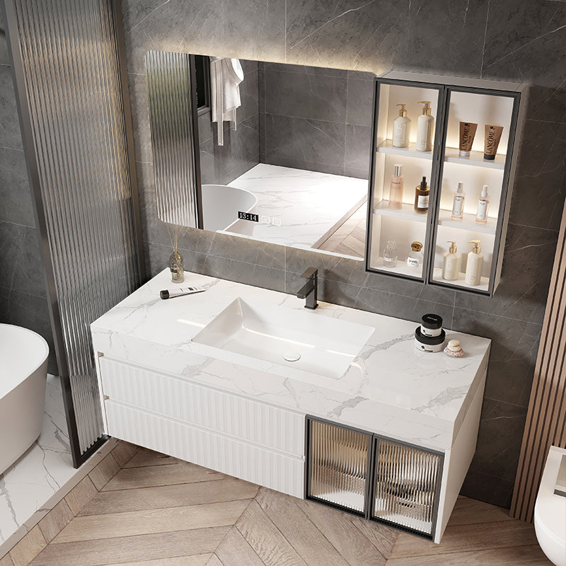 Mirror Bathroom Vanity Wall Mount Single Sink 2 Drawers Wood Frame Rectangle Vanity Vanity & Faucet & Smart Medicine Cabinet White Clearhalo 'Bathroom Remodel & Bathroom Fixtures' 'Bathroom Vanities' 'bathroom_vanities' 'Home Improvement' 'home_improvement' 'home_improvement_bathroom_vanities' 7032168