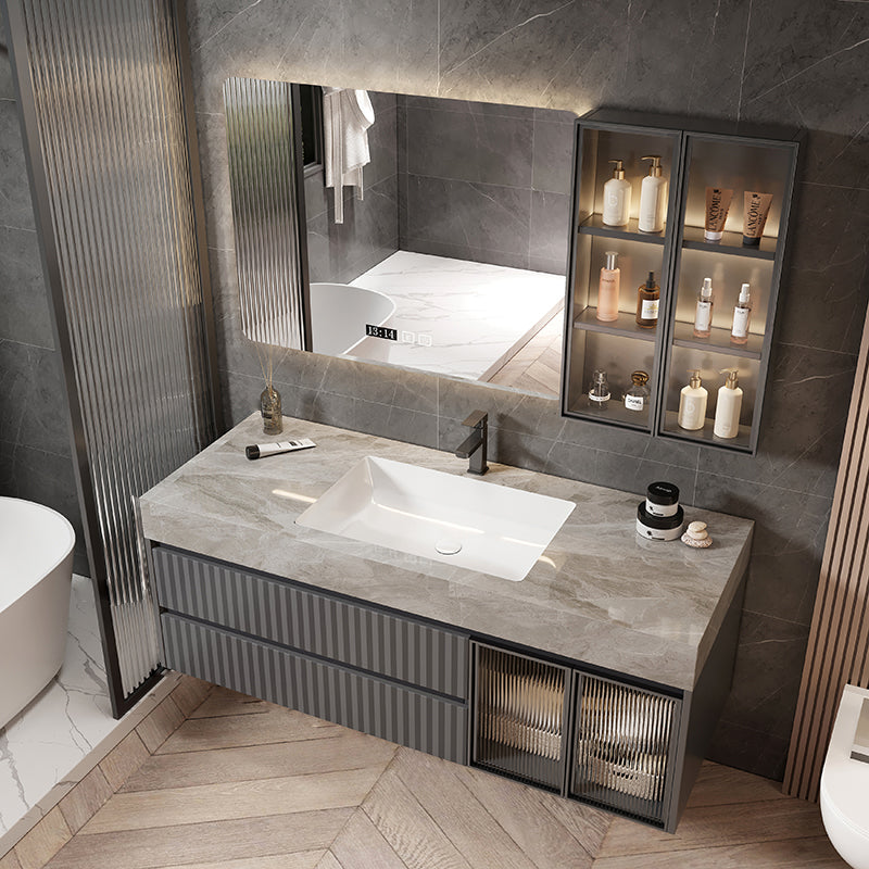 Mirror Bathroom Vanity Wall Mount Single Sink 2 Drawers Wood Frame Rectangle Vanity Vanity & Faucet & Smart Medicine Cabinet Gray Clearhalo 'Bathroom Remodel & Bathroom Fixtures' 'Bathroom Vanities' 'bathroom_vanities' 'Home Improvement' 'home_improvement' 'home_improvement_bathroom_vanities' 7032172