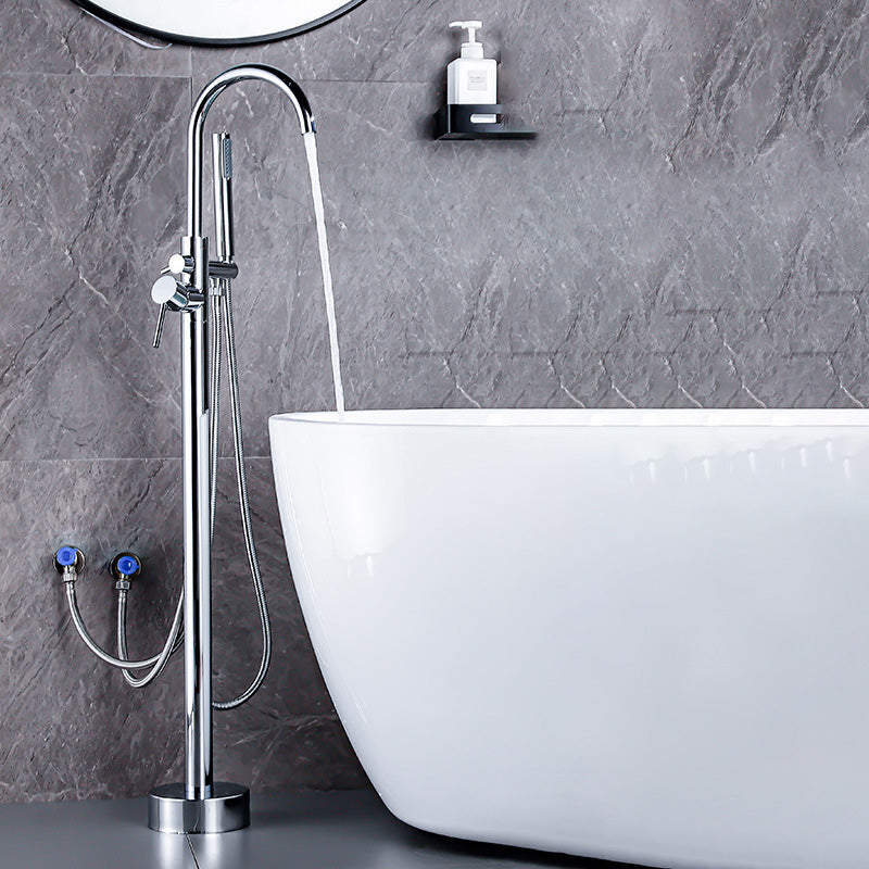 Floor Metal Freestanding Tub Filler Swivel Copper Freestanding Faucet Nickel Hand Shower Included Wall Clearhalo 'Bathroom Remodel & Bathroom Fixtures' 'Bathtub Faucets' 'bathtub_faucets' 'Home Improvement' 'home_improvement' 'home_improvement_bathtub_faucets' 7032287