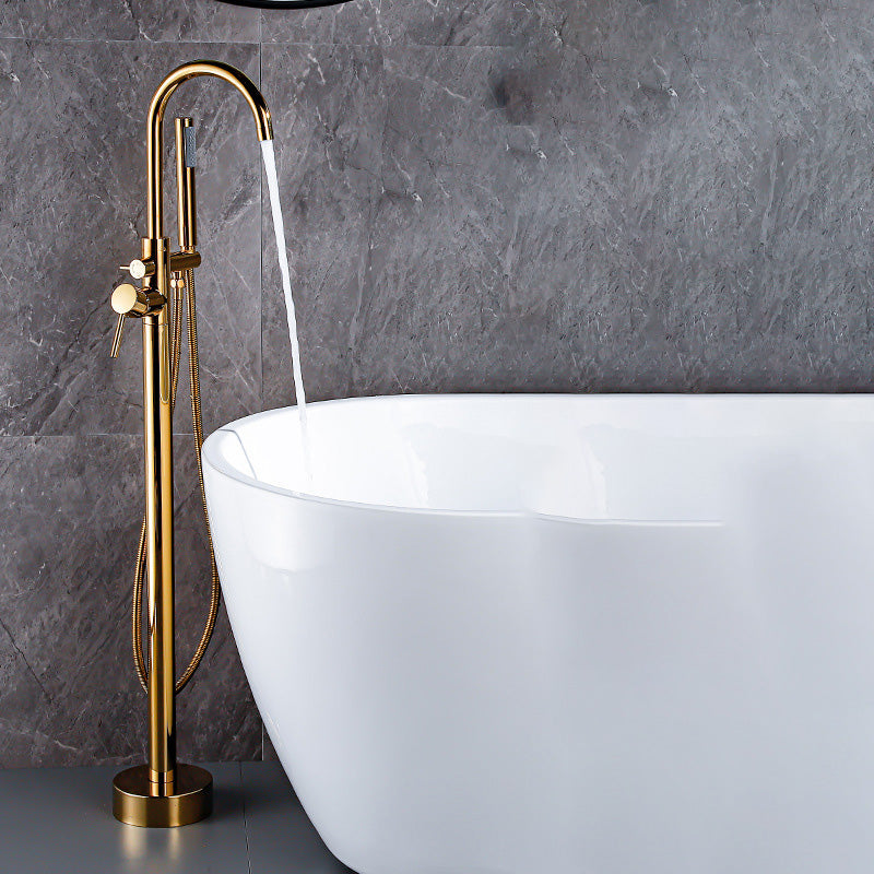 Floor Metal Freestanding Tub Filler Swivel Copper Freestanding Faucet Gold Hand Shower Included Ground Clearhalo 'Bathroom Remodel & Bathroom Fixtures' 'Bathtub Faucets' 'bathtub_faucets' 'Home Improvement' 'home_improvement' 'home_improvement_bathtub_faucets' 7032299