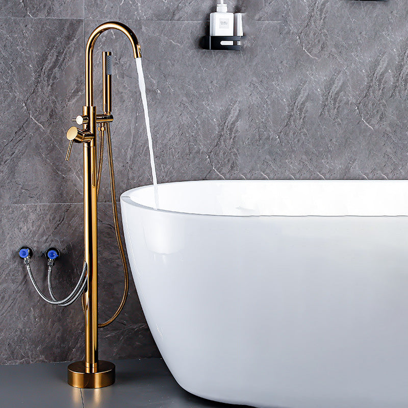 Floor Metal Freestanding Tub Filler Swivel Copper Freestanding Faucet Gold Hand Shower Included Wall Clearhalo 'Bathroom Remodel & Bathroom Fixtures' 'Bathtub Faucets' 'bathtub_faucets' 'Home Improvement' 'home_improvement' 'home_improvement_bathtub_faucets' 7032300