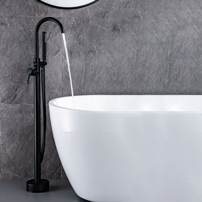 Floor Metal Freestanding Tub Filler Swivel Copper Freestanding Faucet Black Hand Shower Included Ground Clearhalo 'Bathroom Remodel & Bathroom Fixtures' 'Bathtub Faucets' 'bathtub_faucets' 'Home Improvement' 'home_improvement' 'home_improvement_bathtub_faucets' 7032302
