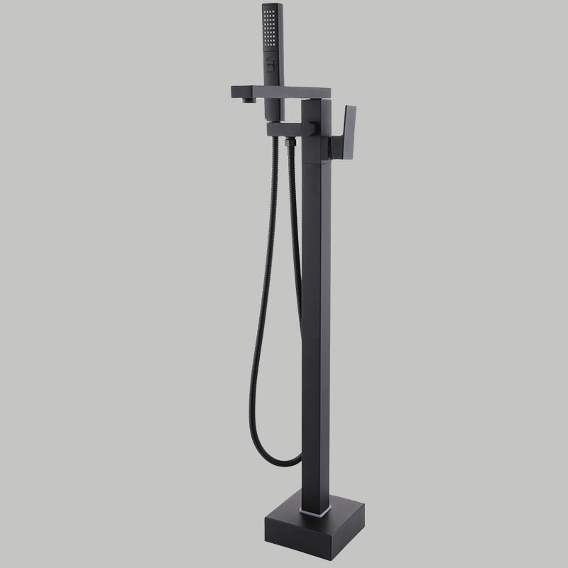 Floor Mounted Metal Freestanding Tub Filler Copper Freestanding Faucet with Hose Black Waterfall Comes Out Ground Clearhalo 'Bathroom Remodel & Bathroom Fixtures' 'Bathtub Faucets' 'bathtub_faucets' 'Home Improvement' 'home_improvement' 'home_improvement_bathtub_faucets' 7032342